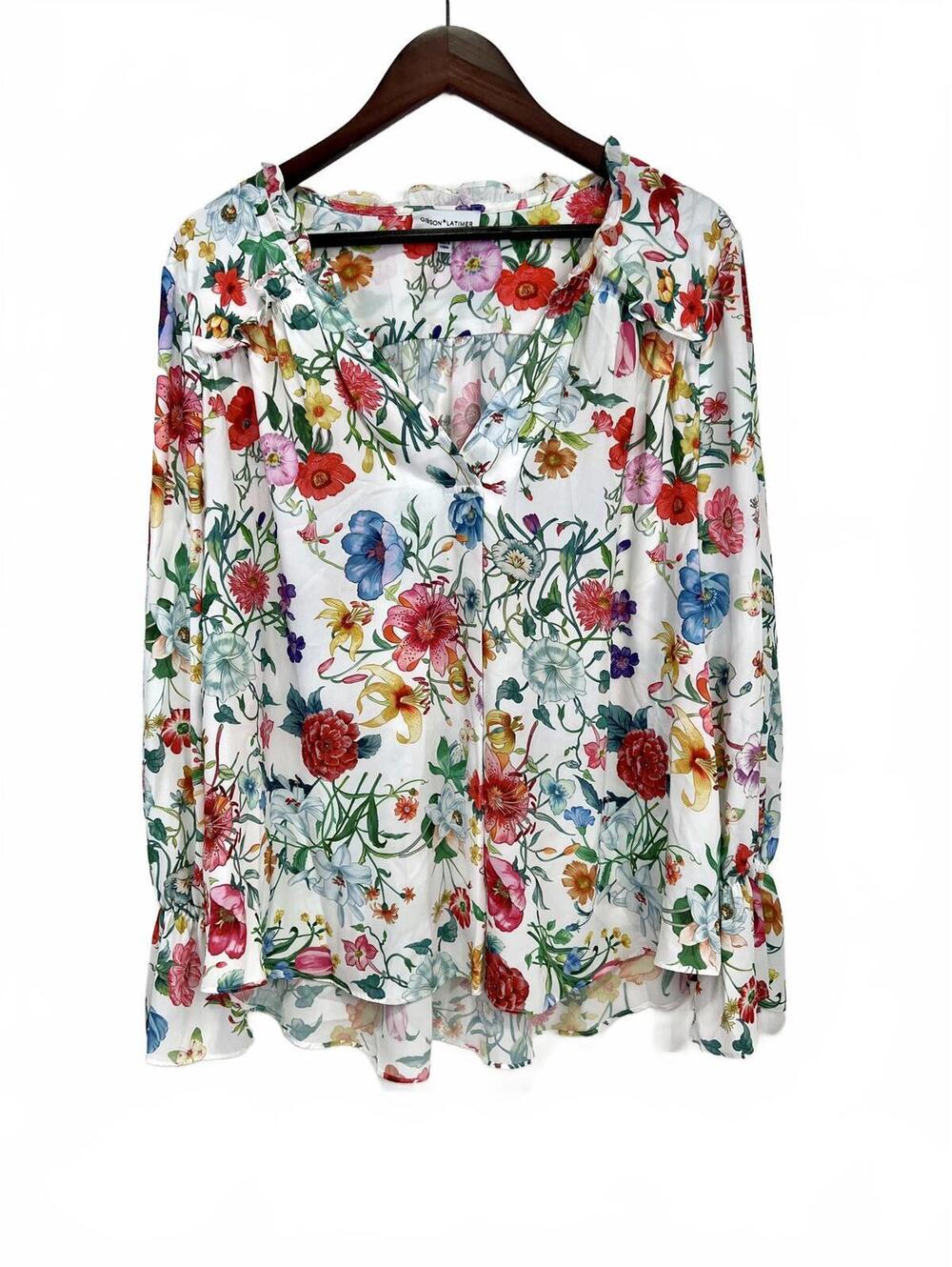 Gibson Latimer Size XL Floral Button-Up V-Neck Blouse